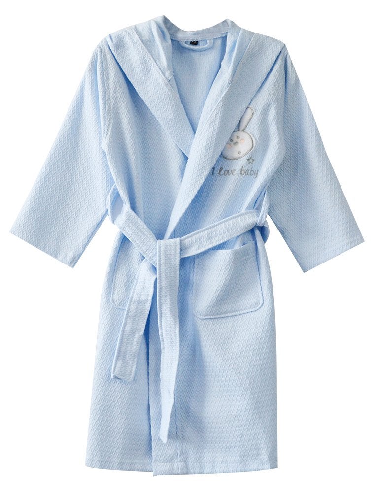 KISBINI 100% Cotton Long Hooded Robes Bathrobe for Kids Children Blue 8-9T - Image 1